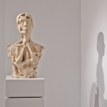 Clay sculpture of upper body, by contemporary greek artist Eleni Kolaitou, of Asimis art gallery, a Greek art gallery in Santorini